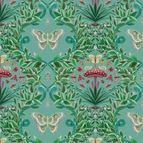 Maximal and quirky damask print of moths , snakes and greenery for wallpaper - medium scale 