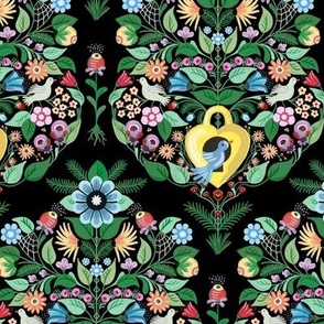 Novelty print of a multi colour floral damask with cuckoo birds - ethnic and graphical - small repeat