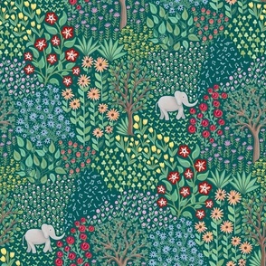 Multi Colour small flowers in a quirky jungle with playful baby elephants - mid size