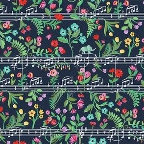 Fun print of colorful  gouache flower garden with baby elephants searching hidden moths  among  music notes - wallpaper - small 