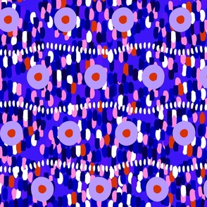 Abstract retro specks, horizontal, purple with red on a blue background