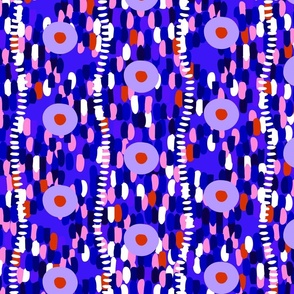 Abstract retro specks, vertical, purple with red on a blue background