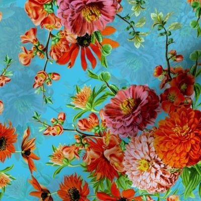 Vintage 30´s Dahlia and Garden Flowers Bouquets - double layer - teal blue 