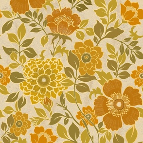 70s retro vintage floral warm colors, orange, yellow flowers, 