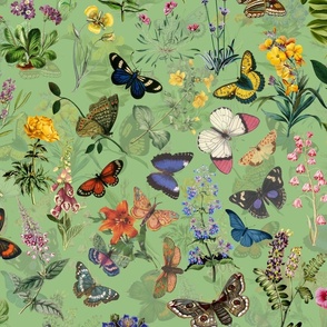 21" Butterflies In Spring Flower Garden- Vintage pollinators home decor, antique wallpaper, Green  Double