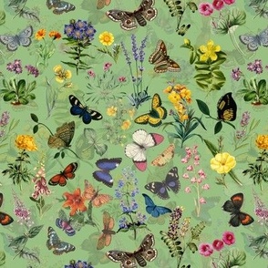 7" Butterflies In Spring Flower Garden- Vintage pollinators home decor, antique wallpaper, Green  Double