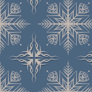 Retro snowflake vintage style, beige on blue.  Romantic winter pattern.