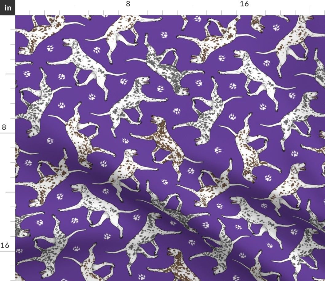 Trotting Dalmatians and paw prints - purple