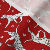 Tiny Trotting Dalmatians and paw prints - red