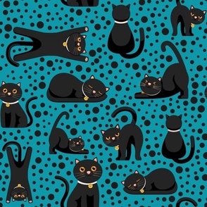 Large Scale Black Cats and Polkadots on Turquoise Blue