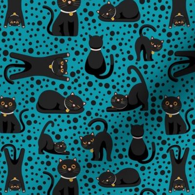 Medium Scale Black Cats and Polkadots on Turquoise Blue