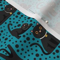 Medium Scale Black Cats and Polkadots on Turquoise Blue