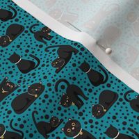 Small Scale Black Cats and Polkadots on Turquoise Blue