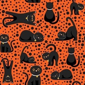 Medium Scale Black Cats and Polkadots on Orange