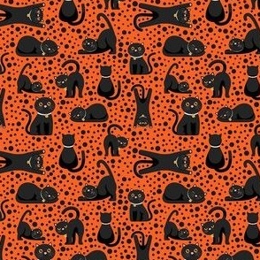 Small Scale Black Cats and Polkadots on Orange