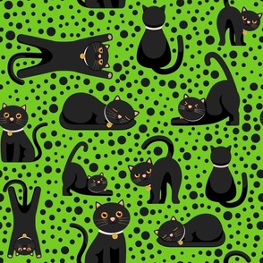 Large Scale Black Cats and Polkadots on Lime Green