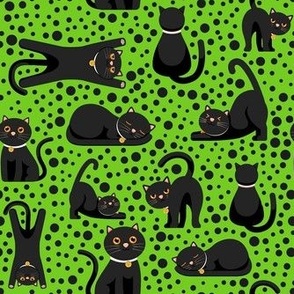 Medium Scale Black Cats and Polkadots on Lime Green