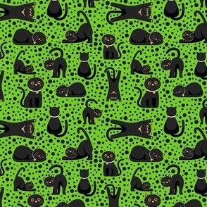 Small Scale Black Cats and Polkadots on Lime Green