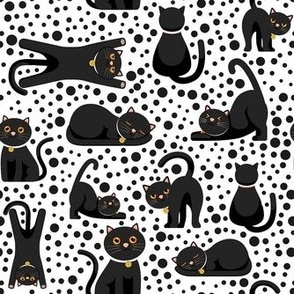 Medium Scale Black Cats and Polkadots on White