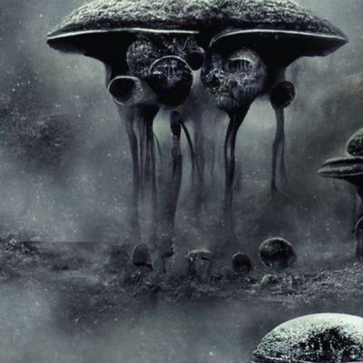 Creepy dark alien mushrooms on distant planets