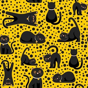 Large Scale Black Cats and Polkadots on Yellow