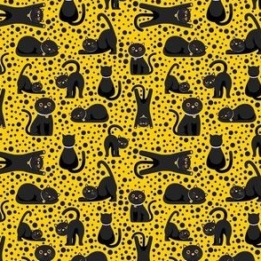 Small Scale Black Cats and Polkadots on Yellow