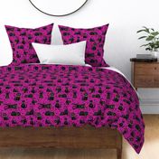 Large Scale Black Cats and Polkadots on Fuchsia Hot Pink