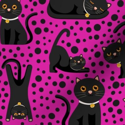 Large Scale Black Cats and Polkadots on Fuchsia Hot Pink