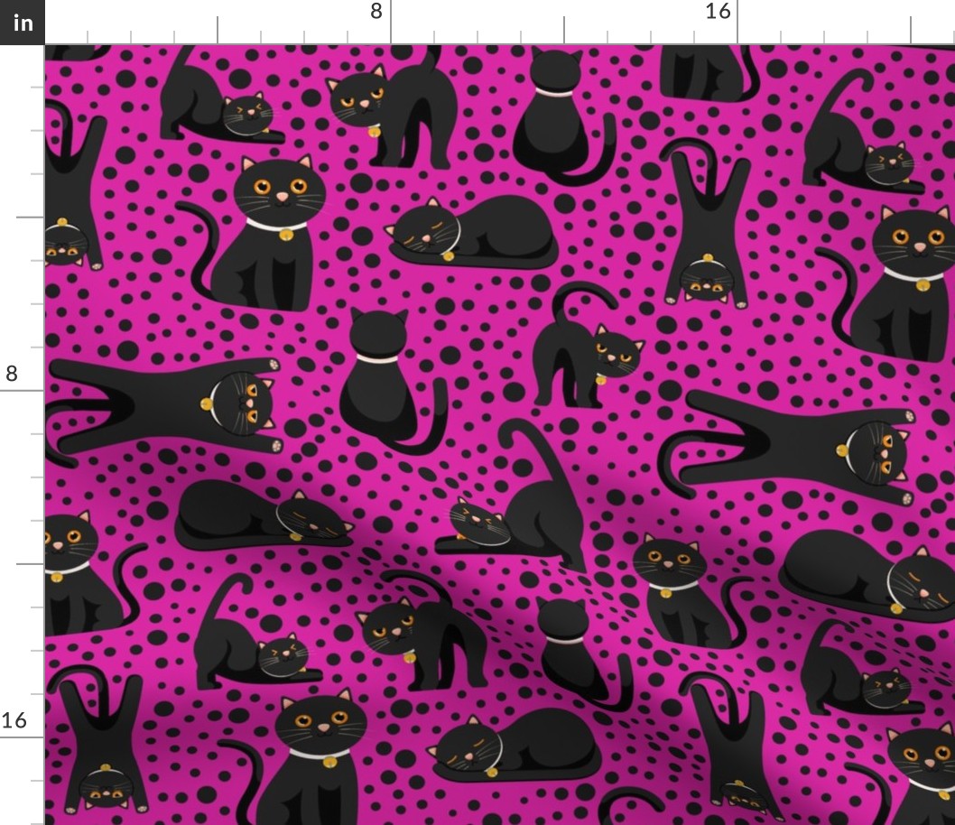 Large Scale Black Cats and Polkadots on Fuchsia Hot Pink