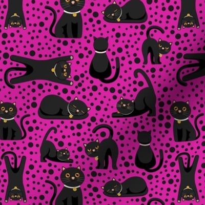 Medium Scale Black Cats and Polkadots on Fuchsia Hot Pink