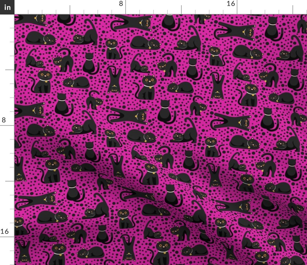 Medium Scale Black Cats and Polkadots on Fuchsia Hot Pink