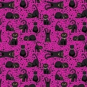 Small Scale Black Cats and Polkadots on Fuchsia Hot Pink