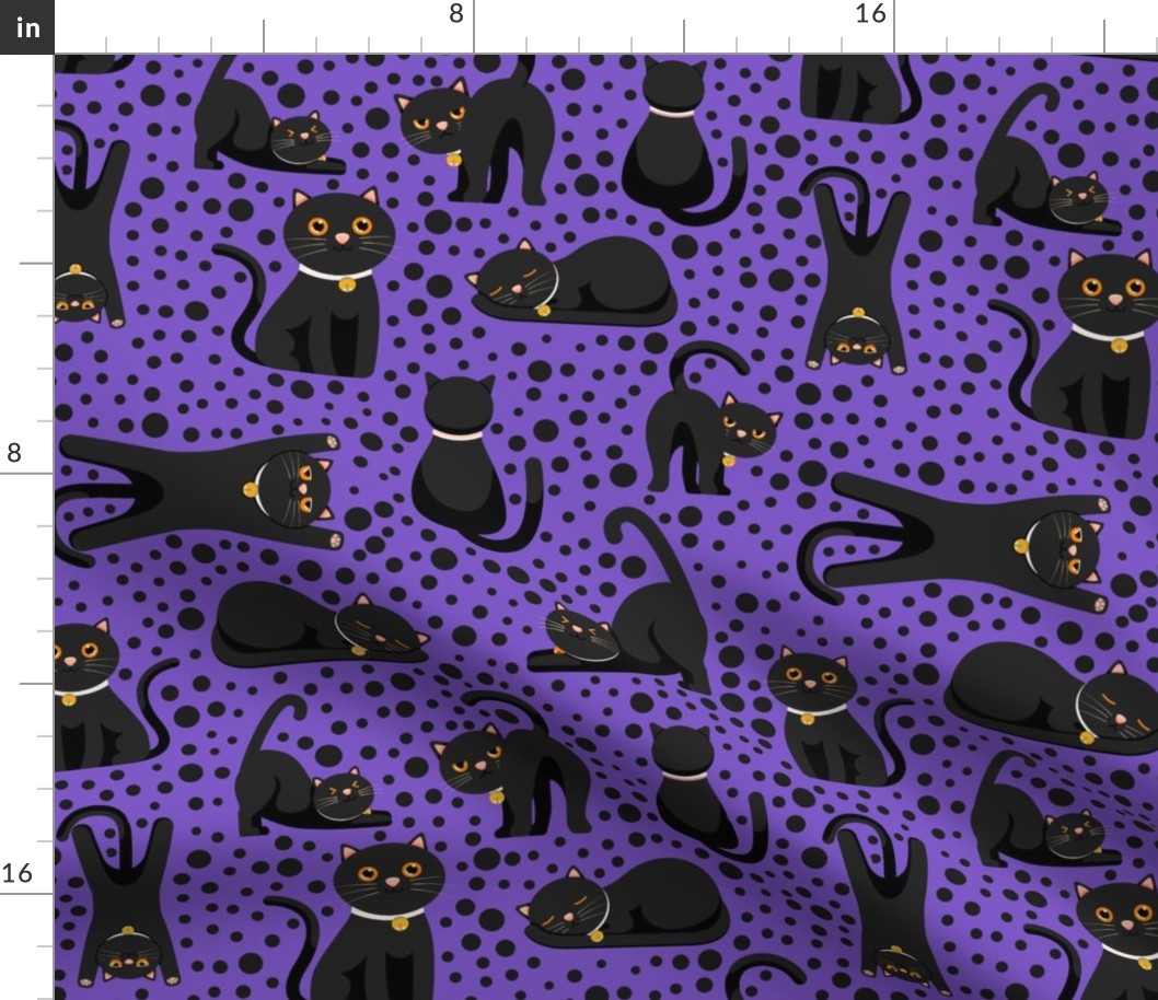 Large Scale Black Cats and Polkadots on Purple