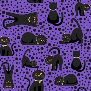 Medium Scale Black Cats and Polkadots on Purple