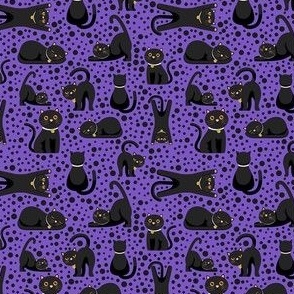 Small Scale Black Cats and Polkadots on Purple
