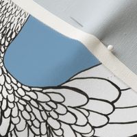 Silver Sebright on blue linen tea towel