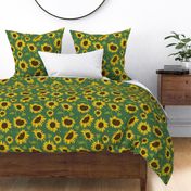 A field of handpainted sunflowers on a beautiful earthy green background