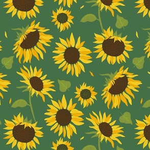 A field of handpainted sunflowers on a beautiful earthy green background