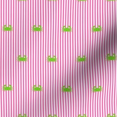 Preppy, Nautical Pink and White Stripe with Green Crabs