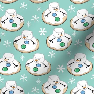 melting snowman cookies on teal