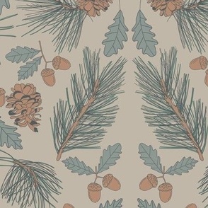Vintage Pines, Pine Cones, Acorns and Oak Leaves - Medium