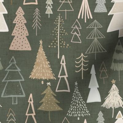 Boho Modern Christmas Trees Neutral / Olive Washed Out Linen