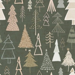 Boho Modern Christmas Trees Neutral / Olive Washed Out Linen