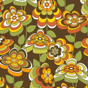 Romantic Mid Century Modern Floral // Muted Red, Orange, Sunshine Yellow, Green, Dark Brown and White and White // 429 DPI