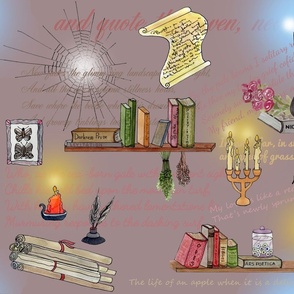 Dark-Academia-books-candles-magic-wands-dead-flowers-herbs-on-dusty-rose
