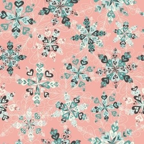 Retro Christmas Snowflakes - Teal/Ivory/Rose Pink - 8 inch