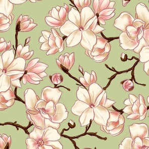 Magnolia blossom - white and pink floral design with green background (large size version)