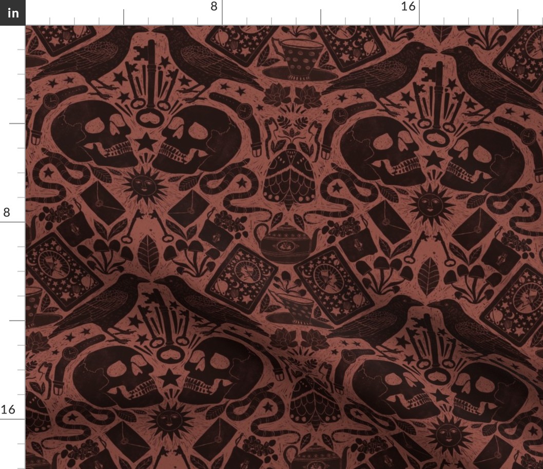 Dark academia-block print-skulls-crows-snakes-moths