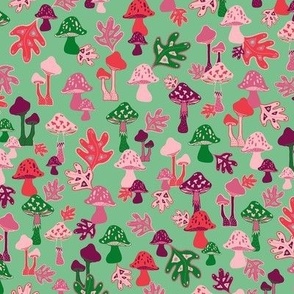 Autumn Mushrooms & Toadstools - Green/Pink/Red