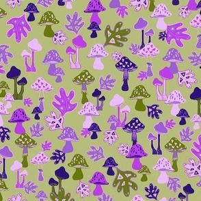 Autumn Mushrooms & Toadstools - Olive Green/Mauve/Purple